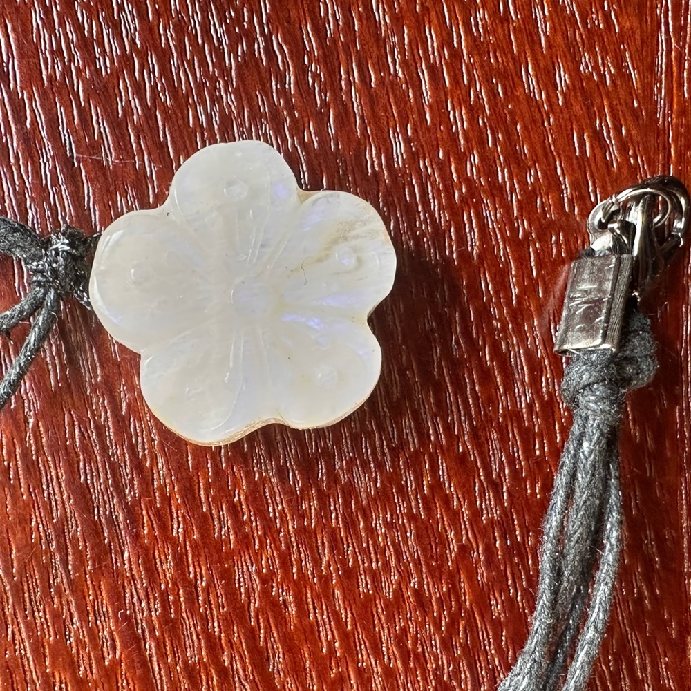 Small Moonstone Flower Pendant Necklace on Black Rope, Subtle Blue Flash - Picture 7 of 15